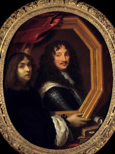 Self-portrait holding the portrait of a military by Charles Le Brun
