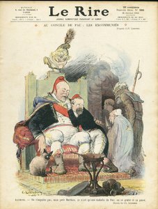 Illustration of Charles Leandre for the Cover of Le Rire, 25/10/13 - At the Council of Pau: the excommunies - Religion Faith, President of the Republic, Chapeau, Armchair (symbol of power) - Combes Emile, Marianne, Poincare Raymond