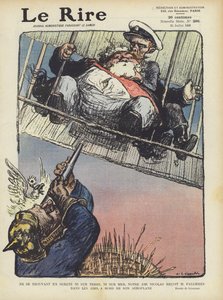 Satire depicting French President Armand Fallieres flying in an aeroplane with Tsar Nicholas