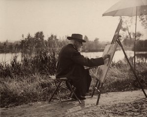 The painter Lhermitte Léon (1844-1925), while working on the Marne sidebank, not far from his property, about 1914-1915, France