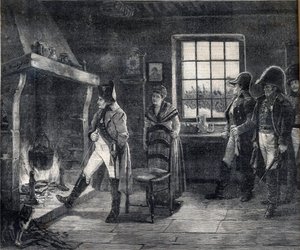 Emperor Napoleon I Heating Himself by a Wood Fire in a Snow Landscape - Napoleon After the Battle of Waterloo in 1814 - Engraving After the Painting of Charles Louis Kratke (1848-1921). by Charles Louis Kratke