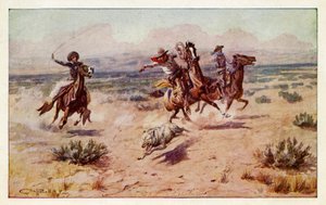 Cowboys Chasing a Prairie Wolf by Charles Marion Russell