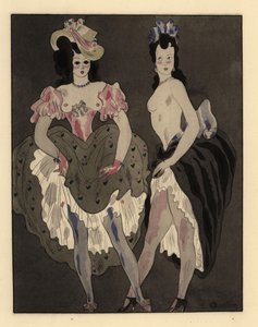 Two half-naked prostitutes dressed in petticoats and bonnets by Charles Martin