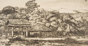 Native Barns and Huts at Akaroa, Banks Peninsula by Charles Meryon