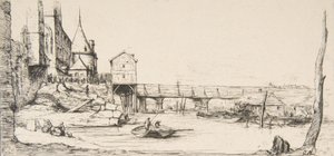 The footbridge temporarily replacing the Pont-au-Change, Paris, after the fire of 1621 by Charles Meryon