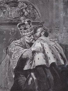 King Edward VII embracing his son, the Prince of Wales, at the king