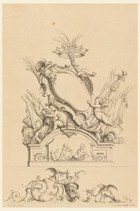Design for Cartouche with Crown, Two Putti Serving Bacchus, and Two Lions from "Cartouches Nouvellement Inventez"