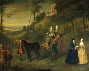 Ladies and Maids of Honour in Greenwich Park: A Group Portrait of Juliana, Duchess of Leeds, Lady Charlotte Hamilton, Lady Isabella Tufton and Henrietta, Countess of Pomfret, all Wearing Riding Habits, with Groom and Horses in front of the Observatory by Charles Phillips