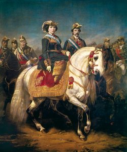 Military parade reviewed by Kings Isabella II of Spain