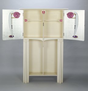 Cabinets, made for 14 Kingsborough Gardens, Glasgow, 1902; two figures on the side doors in Arabian cloak and turban holding lanterns by Charles Rennie Mackintosh