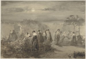 Company of Ladies and Gentlemen in a Moonlit Garden with Rose Bushes by Charles Rochussen