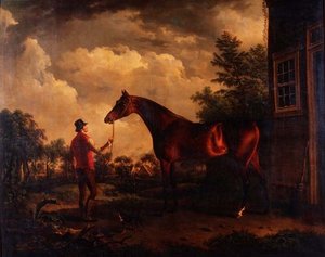 A Hunter and Groom Outside a Country House