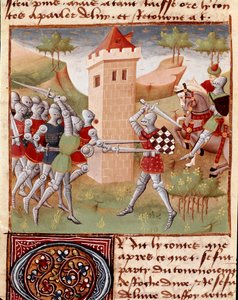 Lancelot du Lac fighting knights. Miniature from 