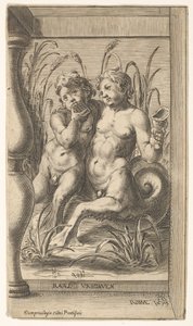 Two tritons embracing, one playing a panpipe, the second holding a conch shell set within, 1579 by Cherubino Alberti