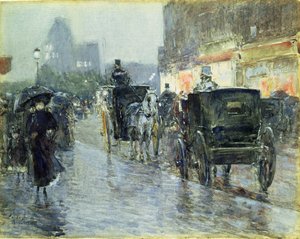 Horse Drawn Cabs at Evening, New York by Childe Frederick Hassam