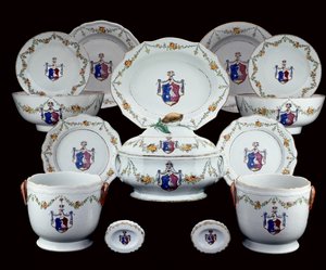 A Famille Rose Armorial Dinner Service Painted with the Arms of Tranefelt of Sweden by Chinese School