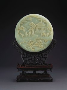 A White Jade Circular Table Screen Depicting Scholars Approaching a Pavilion by Chinese School
