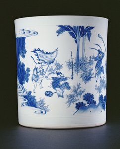 Blue and white brushpot painted with a lady and boys playing on hobbyhorses, Chongzheng, 1630-44