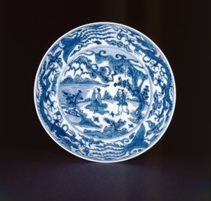 Blue and white dish painted with a sage and attendant, Wanli mark and period, 1573-90