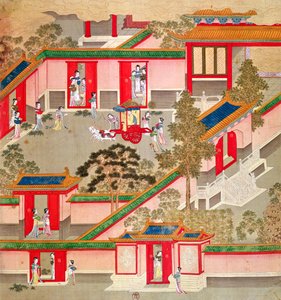 Emperor Wu Ti leaving his palace, from a history of Chinese emperors by Chinese School