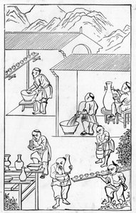 Enamelling, from a series of illustrations on the manufacture of china by Chinese School