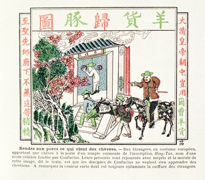 European foreigners at the gate of a temple of Confucius - their gift of a goat is refused with disdain, 1891 by Chinese School