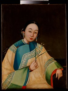 Portrait of a Court Lady, Seated Half Length in an Embroidered Robe, Holding a Flower
