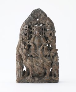 Small soapstone tablet, with pierced relief of Manjusri on lion, Period of Division, 543 AD