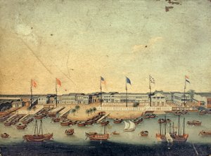 View of the Hongs at Canton with the Danish, Austrian, American, Swedish, British and Dutch factories by Chinese School