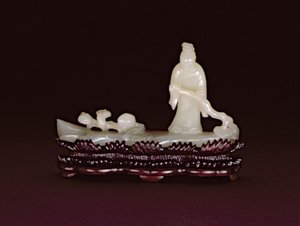 Zhang Qian standing on a log raft steering with a branch of lingzhi beside a branch of lingzhi and a peach