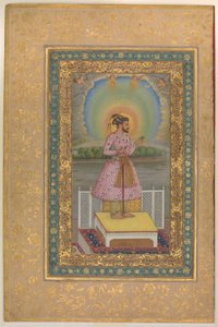 Shah Jahan on a Terrace, Holding a Pendant Set With His Portrait, Folio from the Shah Jahan Album