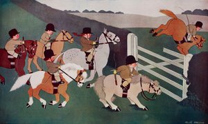 The Gate Crashers, jockeys on horseback, cartoon by Chloe Preston from The Tatler by Chloe Preston