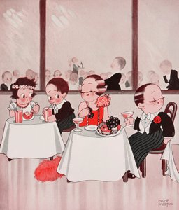 Town Mice and Country Mice, Refined citizens vs unrefined countrymen, restaurant scene, drawing by Chloe Preston from The Tatler by Chloe Preston