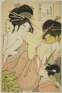 Beauties of the Pleasure Quarters: Kisegawa of the Matsubaya with Attendants Onami and Menami by Chobunsai Eishi