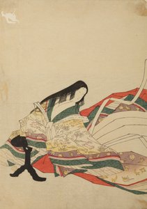Lady of the Court Sitting in Front of a Black Table, Plate from the Album: Nishiki-zuri onna sanju rokkasen e-zukushi by Chobunsai Eishi