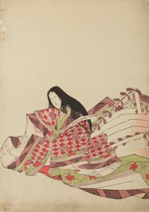 Lady of the Court Sitting in a White and Red Diamond Robe, Plate from the Album: Nishiki-zuri onna sanju rokkasen e-zukushi by Chobunsai Eishi