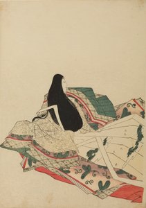 Seated court lady, seen three-quarters from the back, plate from the album: Nishiki-zuri onna sanju rokkasen e-zukushi by Chobunsai Eishi