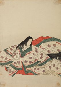 Court lady in a white kimono with a pattern of ducklings on water, plate from the album: Nishiki-zuri onna sanju rokkasen e-zukushi by Chobunsai Eishi