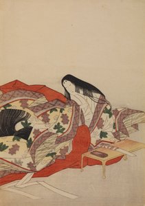 Court Lady with a Brush at the Table, Plate from the Album: Thirty-Six Female Poets by Chobunsai Eishi