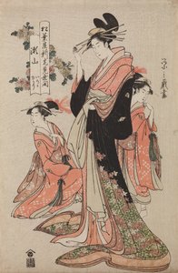 Oiran Seyama from the Matsuba-ya house with her kamuro Iroka and Yukari, from the series: Opening celebration of the new Matsuba-ya house by Chobunsai Eishi