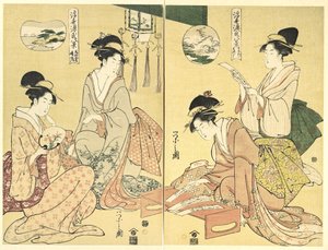 Spirit Summoner; Wild Geese Returning Home (Maboroshi; Rakugan) (right) and A Thin Veil of Clouds; Clearing Weather (Usugumo; Seiran) (left), from the series Eight Views of The Tale of Genji in the Floating World (Ukiyo Genji hakkei) by Chobunsai Eishi