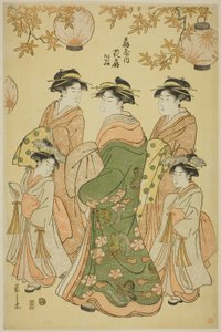 The Courtesan Hanaogi of the Ogiya, with Child Attendants Yoshino and Tatsuta by Chobunsai Eishi