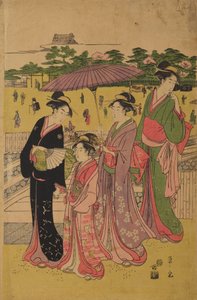 Three Women and a Girl Walking Under an Umbrella by Chobunsai Eishi