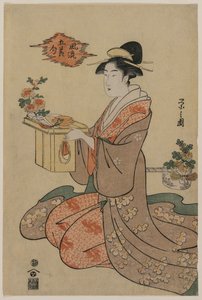 Woman Holding a Wooden Cup Stand Decorated with Chrysanthemums