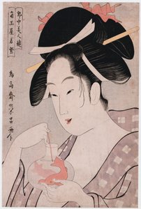 Bust Portrait of the Courtesan Wakamurasaki Playing with Goldfish