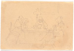 Evening Interior. Four Ladies around a Table, Sewing in Lamp Light by Christen Købke