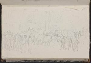 Firefighters, Fire Engine, and Spectators at a Fire