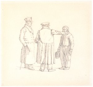 Three People in Conversation; Back to the Viewer in the Middle is Baker Købke, Left is Major Krohn, and Right is Slave Sergeant Sprøch by Christen Købke