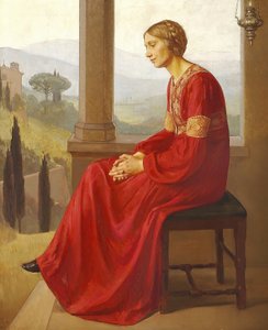 A Woman in a Red Dress Sitting on a Terrace in an Italian Landscape by Christian Bang