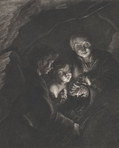 Night scene in a cave with an old woman holding burning coals in a pot, a boy blowing, ca. 1750-57